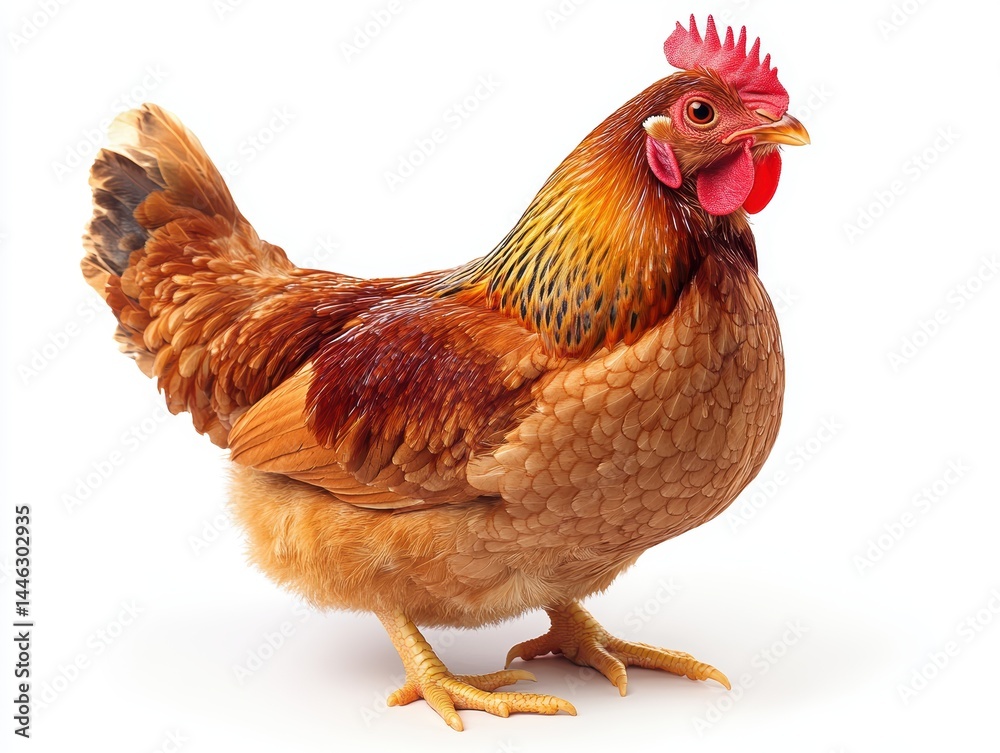 Fototapeta premium A vibrant chicken standing proudly on a white background, showcasing its feathers