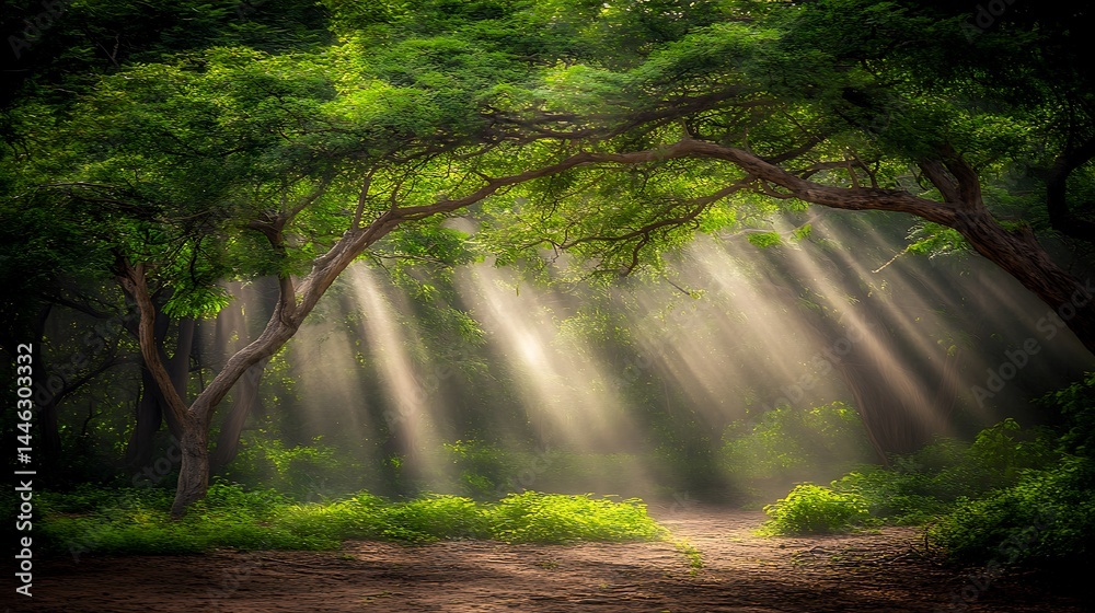 Obraz premium Sunlight streams through a verdant forest canopy.