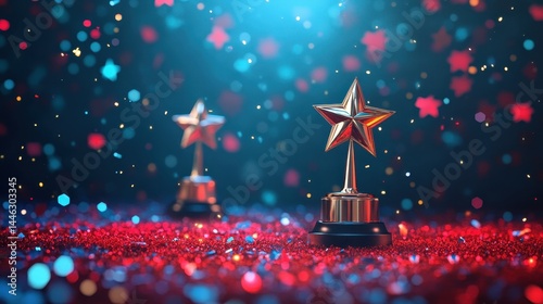 Golden star trophies on sparkling red and blue glitter background