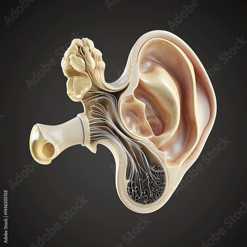 **High-Resolution 3D Render Of The Inner Ear Anatomy, Including Cochlea, Semicircular Canals, And Auditory Nerves. The Image Should Be Well-Lit, Cleanly Isolated, And Clinically Precise To Support Aud photo