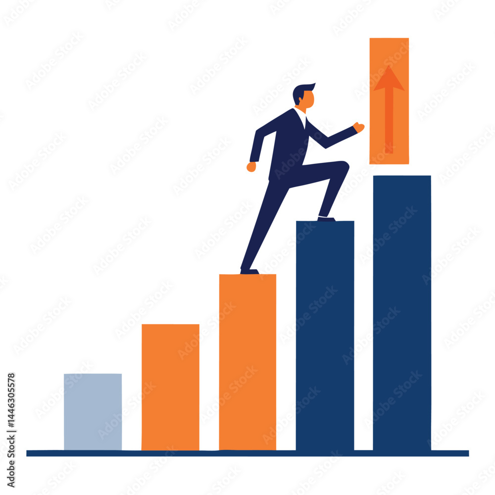 Male in Suit Climbing Color Bar Chart with Arrow on White Background Minimalist Design Male in Suit Climbing Color Bar Chart with Arrow on White Background Minimalist Design