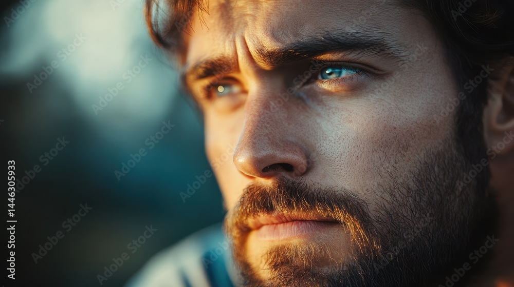 Obraz premium Pensive young caucasian male with beard and intense blue eyes in dramatic lighting