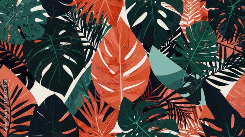 Tropical Leaves Illustration with Vibrant Green, Orange, and Yellow Colors on Black Background