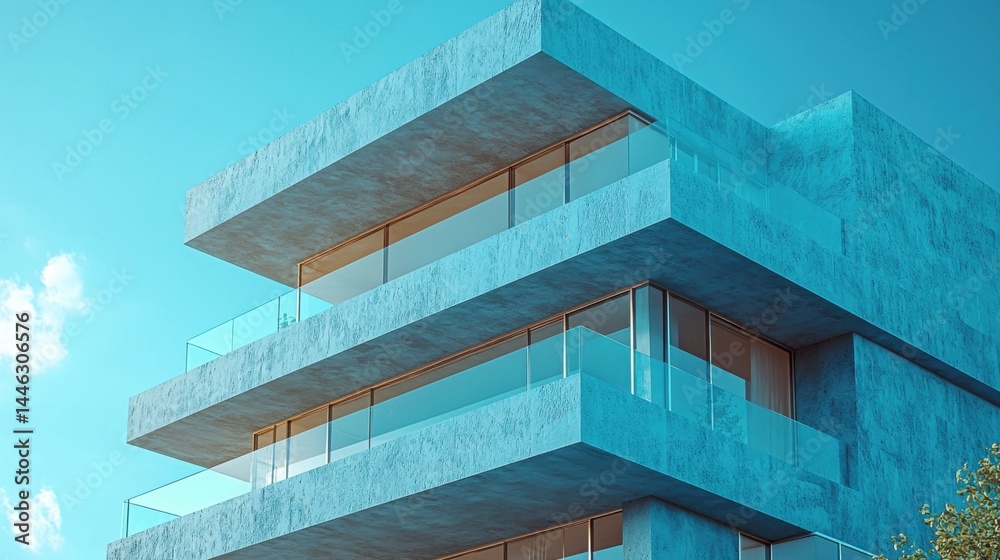 Fototapeta premium A tall building with a blue exterior and a glass balcony. The building is very modern and sleek