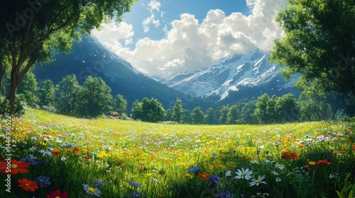 Lush alpine meadow vibrant wildflowers