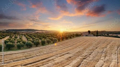Golden sunset over harvested fields and olive groves