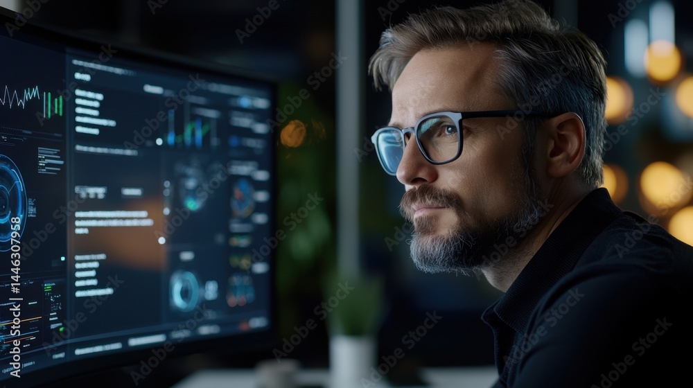 A man wearing glasses is looking at a computer monitor displaying a lot of data. Concept of focus and concentration as the man studies the information on the screen