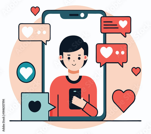 Flat Asian man showcases social media influence within modern smartphone frame with heart icons
