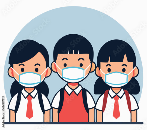 Three Asian students with backpacks wear medical masks against a blue background