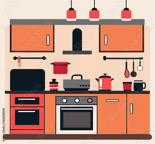 Flat cartoon kitchen showcases vibrant orange cabinets with modern appliances and hanging red lighting