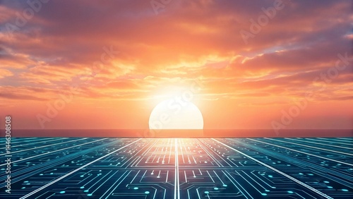 Futuristic scene depicting a circuit board extending towards a radiant sunset or sunrise over a horizon, blending technology and nature concepts.

