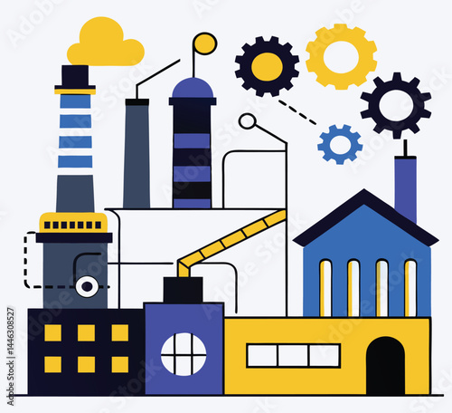 Stylized factory building has gears rotating and has a cloud of yellow smoke floating above