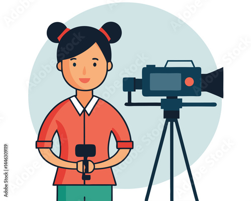 Smiling Asian woman holding boom microphone stands near professional camera setup perfectly