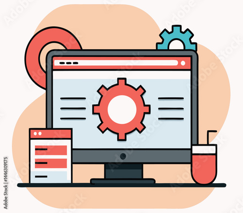 Illustrated computer displays a red gear, while a blue gear sits atop it