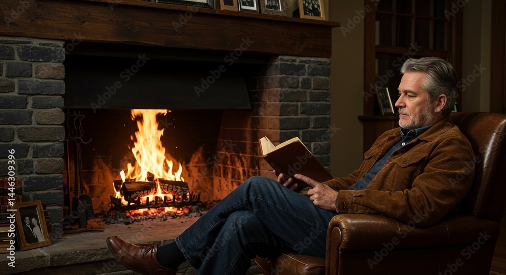 Man reading a book in a leather chair by a fireplace with family photos on the mantel above it Man reading a book in a leather chair by a fireplace with family photos on the mantel above it