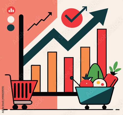 Grocery cart with rising graph, suggesting increased shopping and economic growth