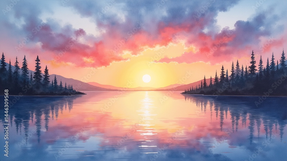 Naklejka premium Twilight Reflections: A Calm Waterscape