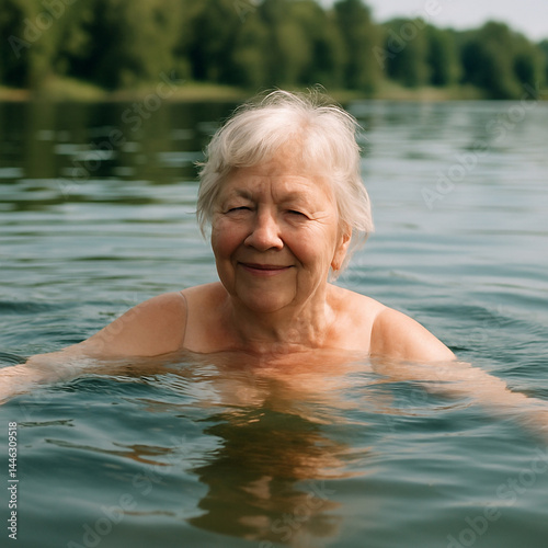 Elderly woman swimming in lake on sunny summer day