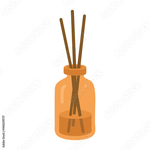 Flat vector diffuser with sticks in warm tones. Great for yoga, spa, and aromatherapy kits.