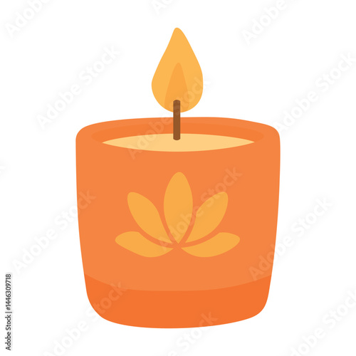 Flat cartoon candle in orange cup with lotus flower. Great for yoga, spa and wellness.