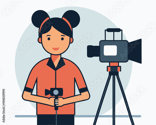 Cheerful Asian woman holds mic while video camera records footage in studio