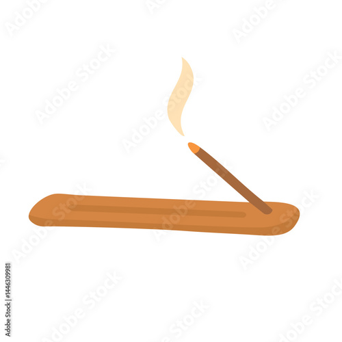 Flat cartoon incense stick with wooden stand and smoke. Ideal for yoga, spa and calm moments.