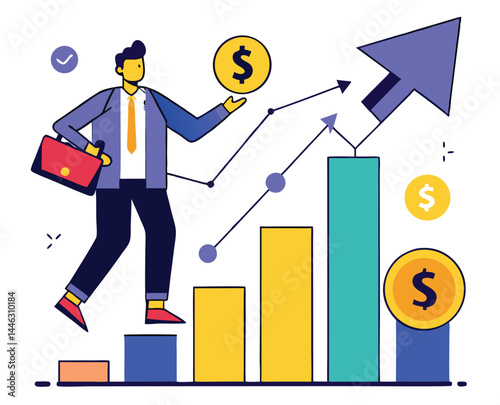 Professional businessman walks up rising bar graph steps with briefcase and holds a coin