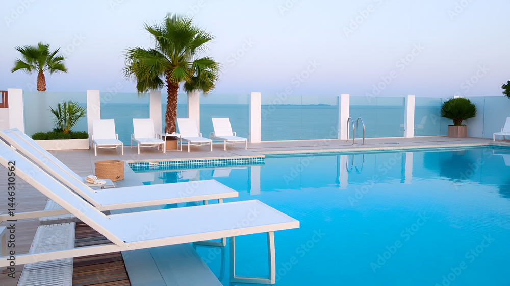 Fototapeta premium swimming pool with reclining chairs at the poolside
