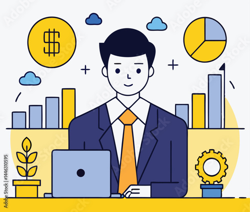 Young executive works on laptop amid financial charts and dollar coin sketch