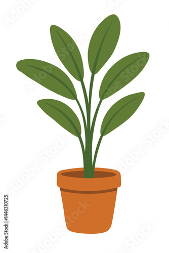 Flat vector houseplant in terracotta pot. Calm green home decor for yoga and meditation zone.