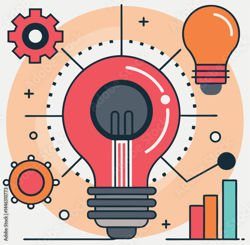 A creative flat design showcases a red light bulb surrounded by gear icons and graphs