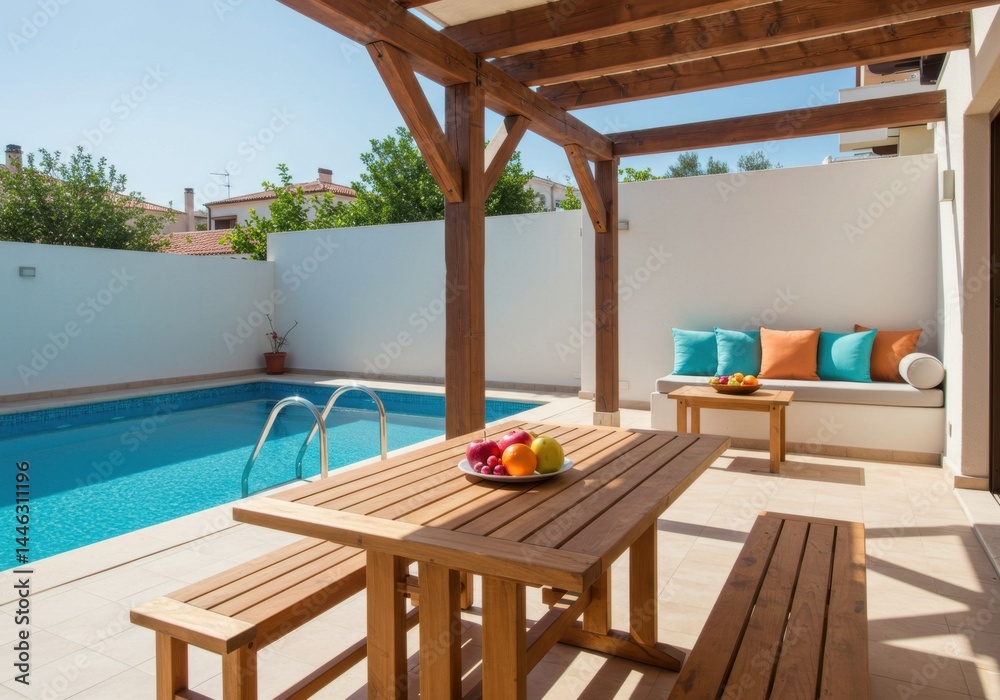 Obraz premium Luxury villa with pool and outdoor dining area under pergola style
