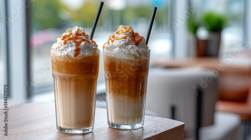 カフェのテーブルに置かれたホイップクリームとキャラメルドリズルのアイスコーヒー