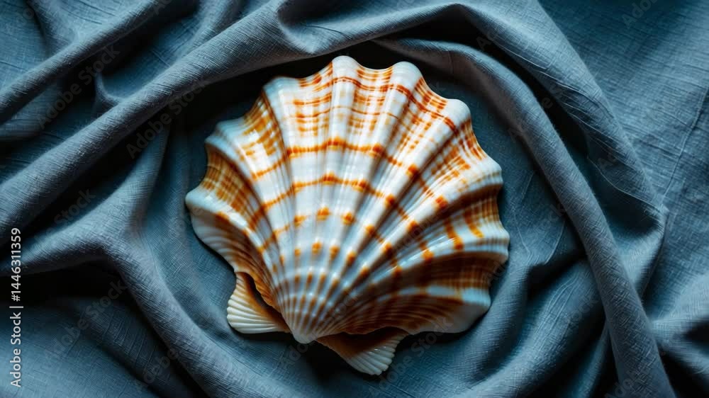 A sizable ocean shell displayed against a fabric surface. Bird's-eye view.