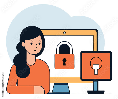 A smiling woman with black hair sits near computers showcasing security lock features
