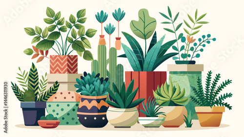 Delicate indoor plants flourish in decorative containers.
Succulents, vines, and tropical greens grouped together.
Soft textures meet earthy colors in a peaceful palette.
Ideal for lifestyle illustrat