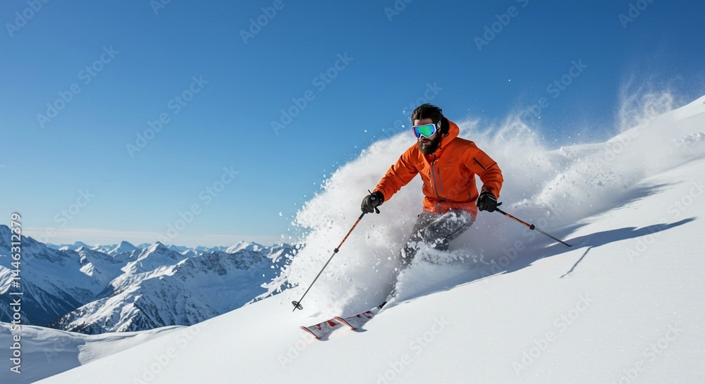 Man in orange jacket skiing down a snow covered mountain with blue sky and mountain range view Man in orange jacket skiing down a snow covered mountain with blue sky and mountain range view