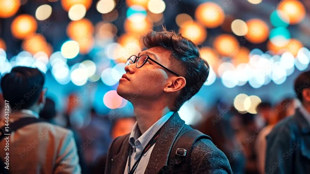 Focused young man amidst a crowd, looking upward at glowing lights