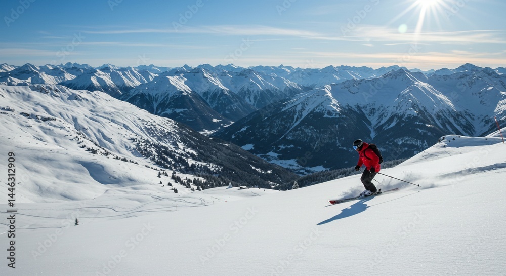 A skier in a red jacket skiing down a snowy mountain with a mountain range in the background on a sunny day A skier in a red jacket skiing down a snowy mountain with a mountain range in the background on a sunny day