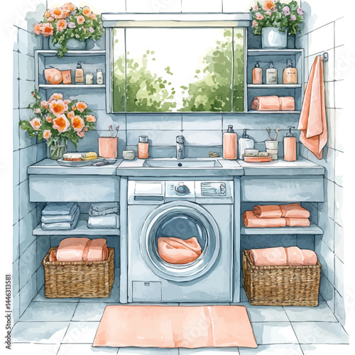 Woven Laundry Basket In A Modern Bathroom, watercolor vector, isolated on a white background.