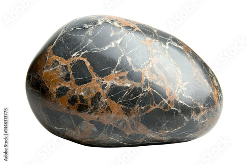 Polished black and copper tumbled stone smooth surface intricate veining isolated on white
