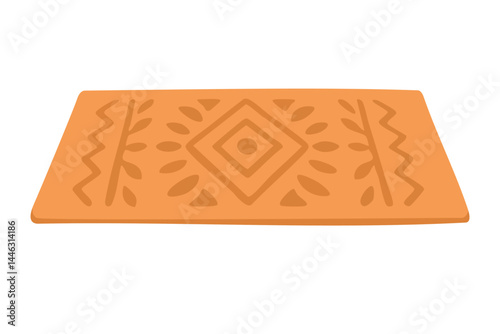 Terracotta yoga mat with leaf and diamond design. Flat cartoon illustration for meditation themes.
