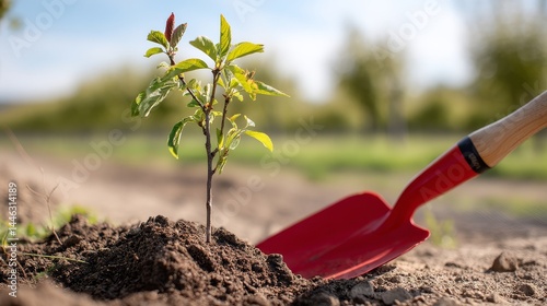 Young tree with red shovel in outdoor garden landscape
