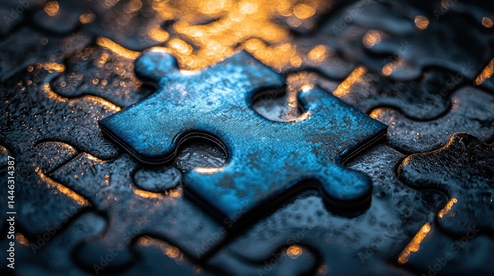 Blue jigsaw piece lying on dark puzzle. Close up shot Blue jigsaw piece lying on dark puzzle. Close up shot