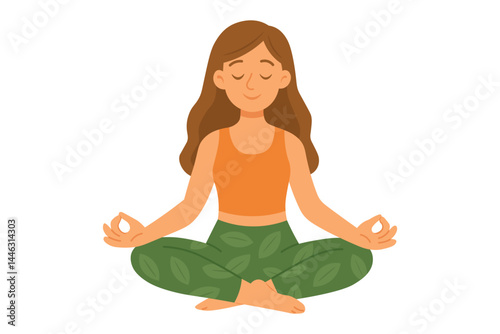 Peaceful young woman in orange top and green yoga pants sitting in lotus pose for meditation.