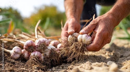 Hands harvesting fresh garlic bulbs from soil in sunlit garden