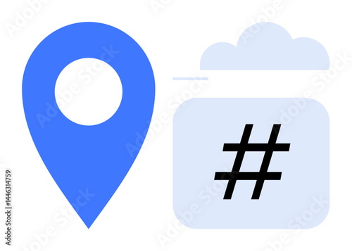 Blue location pin alongside metadata tag in a cloud backdrop symbolizes digital trends, location tagging, and online interaction. Ideal for social media, connectivity, location services, geotagging