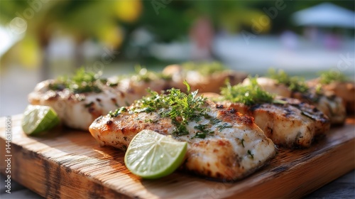 Grilled fish fillets with herbs and lime on a wooden platter outdoors