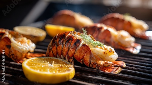 Grilled lobster and lemons on barbecue with fresh dill on sunny day