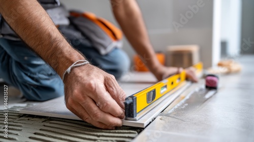Adult male tiling floor with level tool in construction setting